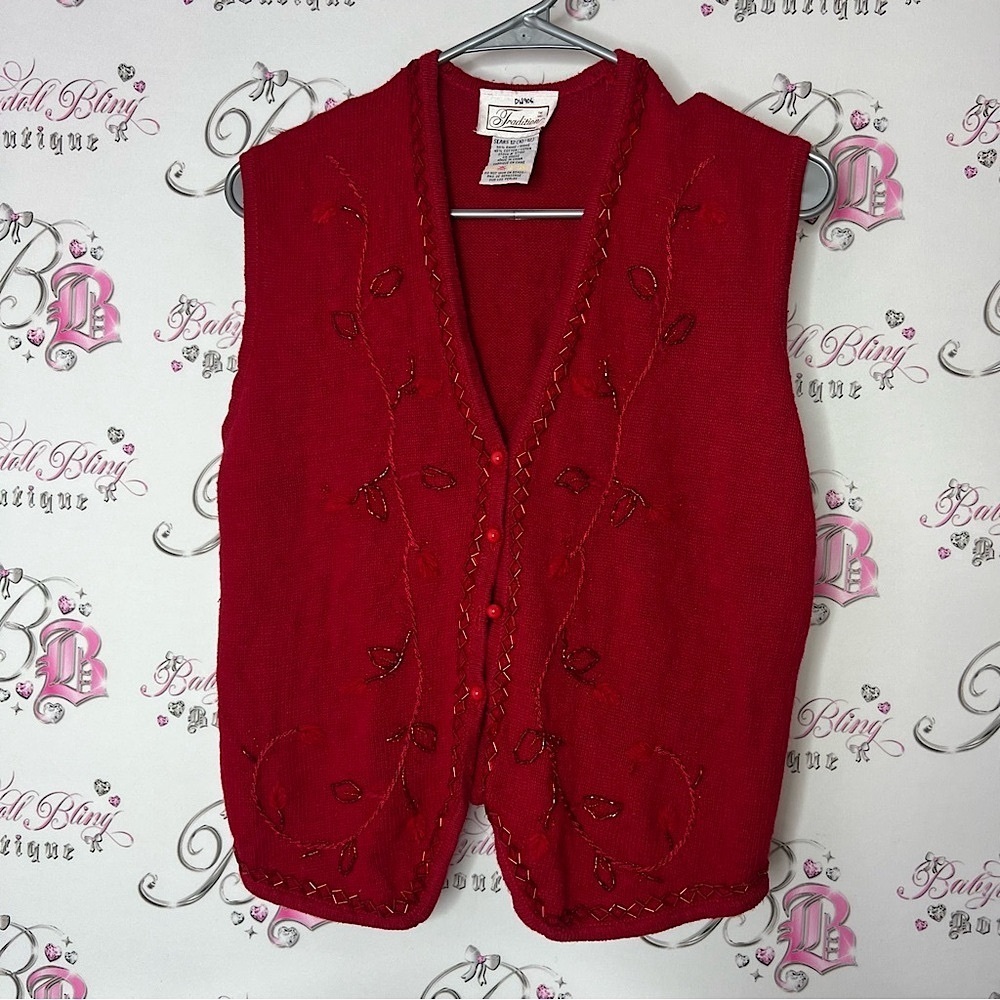 Tradition best embroidered beaded button up Red Embroidered Sweater Vest